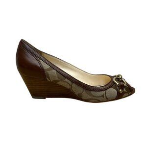 Coach Khaki & Walnut Leather Canvas Gold Tone Detail Peep-Toe Stella Wedge Sz 6